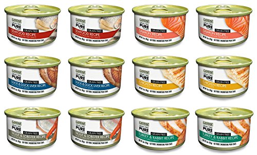 CANIDAE Grain Free PURE Canned Cat Food 6 Flavor Variety Bundle: (2) Salmon, (2) Trout & Lobster, (2) Seafood, (2) Chicken, (2) Duck & Duck Liver, and (2) Turkey & Rabbit, 3 Ounces Each (12 Cans Total)