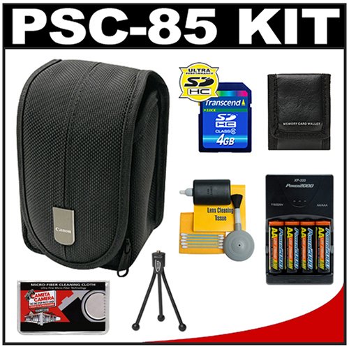 Canon PowerShot PSC-85 Carrying Case + (4) Batteries & Charger + 4GB Card + Tripod + Accessory Kit for A490, A495, A1100 IS, A2100 IS, SX110 IS & SX120 IS Digital Cameras