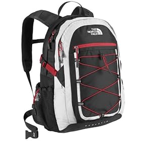 red black and white north face backpack