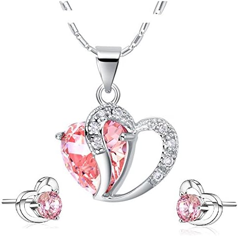 Leaf Heart Ladies Swarovski Element Amethyst Red Pink Blue White Crystal Heart Silver Pendant Necklace.+ Earring Set . Singapore Chain '18 inch . For Women Girls (Pink)