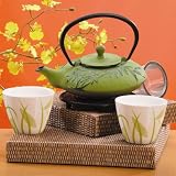 Asian Accents Cast Iron Teapot & Teacups Set - Bamboo Leaves