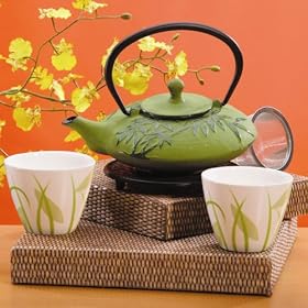 Asian Accents Cast Iron Teapot and Teacups Set - Bamboo Leaves by 