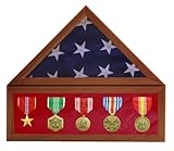 Solid Cherry 3X5 Flag Display Case w/ 6 in. Shadow Box w/ Red Velvet, Light Stain-- for a folded flag that measures around 14