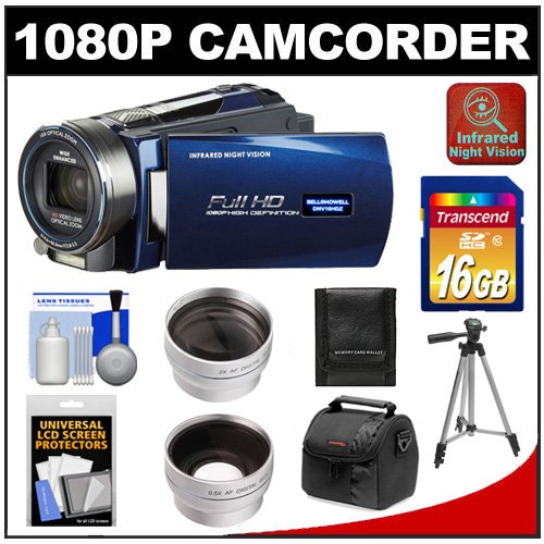 Bell & Howell DNV16HDZ 1080p HD Video Camera Camcorder with Infrared Night Vision (Blue) with 16GB Card + Case + Tripod + Wide Angle & Telephoto Lenses + Accessory Kit On Sale