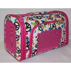 Designer Pet Carrier - Fully Enclosed Luggage Style Pet Carrier - Pink and Multi Colored Peace Signs - Medium