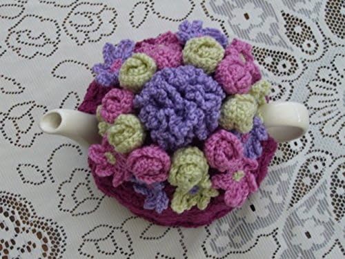 Crochet Tea Cozy in Plum with Flowers to fit 4-6 Cup Size Teapot. Made to Order