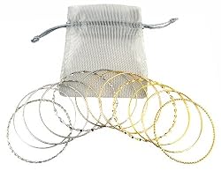 Bracelet - B102 - 12 Pc Asst. Bangle Set ~ Plain, Etched and Twisted in Gold Tone & Silver Tone - 70mm + Silver Organza Gift Bag