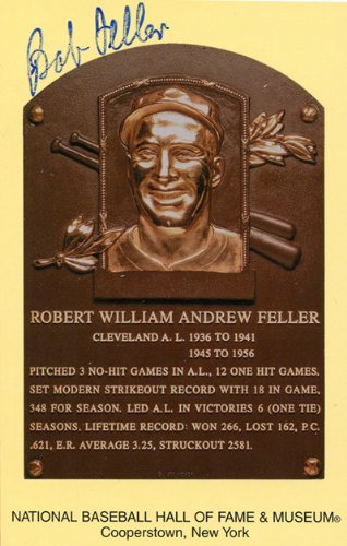 Bob Feller Signed Autographed HOF Plaque Postcard