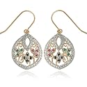 Yellow Gold Overlay Sterling Silver Emerald, Sapphire & Ruby Flower Teardrop Wire Earrings w/ Diamond Accent