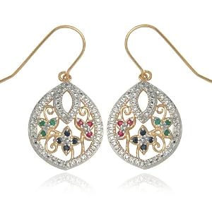 Buy Yellow Gold Overlay Sterling Silver Emerald, Sapphire and Ruby Flower Teardrop Wire Earrings w ... by Amazon.com Collection