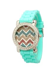 Womens Chevron Watch Ceramic Style Silicone Band in Silver Dial CZ Rhinestones - TURQ