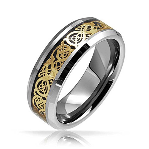 Bling Jewelry Tungsten Celtic Dragon Gold Plated Black Inlay Wedding Ring