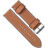 24mm Vintage Genuine Leather Silver Buckle Watch Strap/Watch Band (White Stitch/Tan)