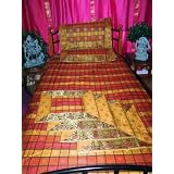 Silk Bedspread Red Yellow 3pc Indian Bedding Set Twin Throw
