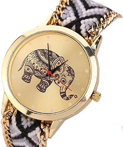 Datework Women Elephant Pattern Weaved Rope Band Bracelet Quartz Dial Wrist Watch (Black)