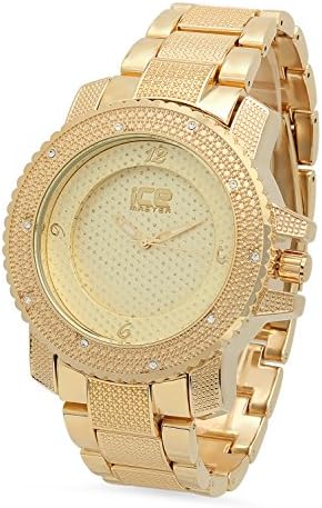 Men's Gold Plated Ice Master Gold Dial Watch with CZ Bezel &amp; Etched Band