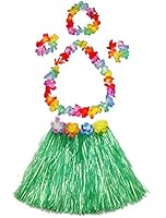 Girl's elastic Hawaiian hula dancer grass skirt with flower costume set-green