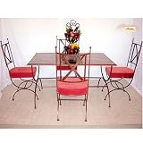 5 Piece Patio Dining Set Wrought Iron Table and 4 Red Beauty Chair Furniture Completely Handmade Powder Coated Wooden Top