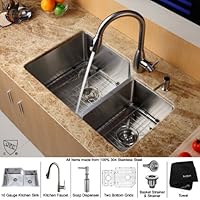 Kraus KHU12332KPF2130SD20 32 Undermount 70/30 Double Bowl Stainless Steel Sink with 16-Gauge, Rear-Set Drain Opening and Stone Guard Undercoating