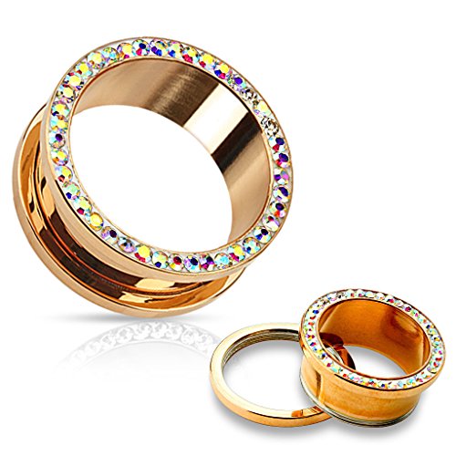 BodyJ4You Rose Goldtone Screw Fit Plugs Aurora Crystal Rim 0 Gauge - 14mm - 2 Pieces