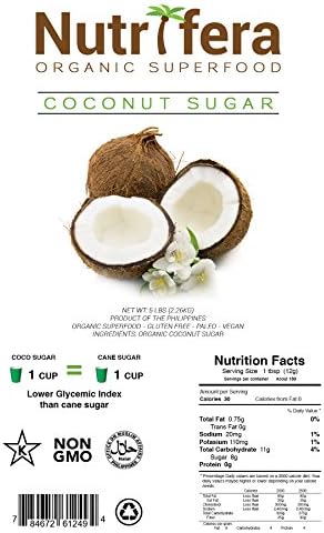 Nutrifera Organic Coconut Sugar, 5 lbs in Bulk Resealable Standup Pouch. Certified Organic. Lower Glycemic Index. Gluten-free. Non-GMO.