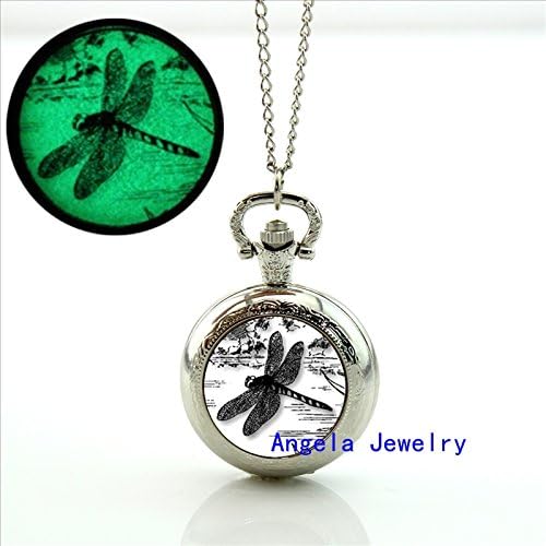 Pretty Lee Fashion Glow in The Dark Jewelry Dragonfly Silhouette Pocket Watch Dragonfly Silhouette Locket Necklace
