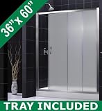 Complete Shower Enclosure : INFINITY Glass Shower Door SHDR-1060726: 60W x 72H with Right-Hand Drain Shower Tray. DL-6006R-01FR. Chrome Finish Frame Frosted Glass Shower Door