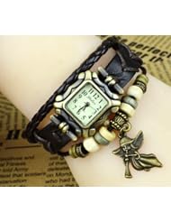KANO BAK(TM) Vintage Wrap Around Press Button Leather Retro Weave Wrap Quartz Bracelet Woman Unisex Angel Gift Watch Brown