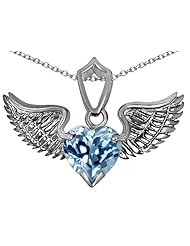 Original Star K (tm) Wing of Love Pendant with 8mm Heart Shape Simulated Aquamarine in 925 Sterling Silver