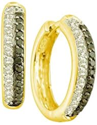0.70 Carat (ctw) 14k Yellow Gold Round Black & White Diamond Ladies Fashion Hoops Earrings