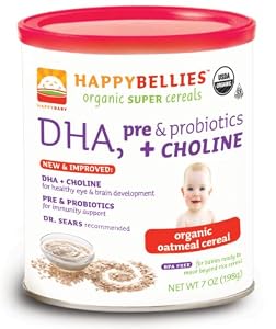 HAPPYBELLIES Organic Baby Cereals, DHA, & Pre & Probiotics +Choline, Organic Oatmeal Cereal,  7-oz. Containers (Pack of 6)