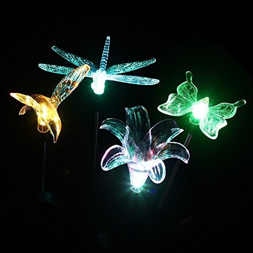 Amaozus 4pc Solar Powered Outdoor Garden Stake LED Lights with Multi-color Changing- Vivid Figurines of Hummingbird, Butterfly , Dragonfly and Lily-great Kits for Garden Yard Landscape Decorations