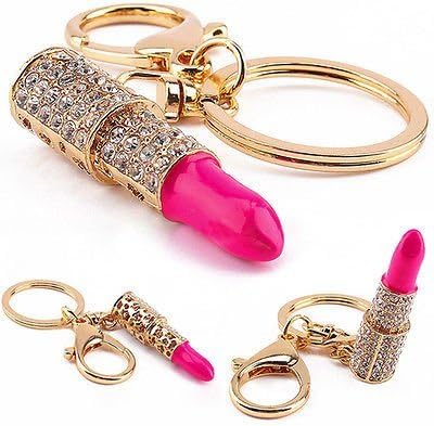 Crystal Rhinestone Lipstick Keyring Charm Pendant Bag Purse Car Key Chain Gift