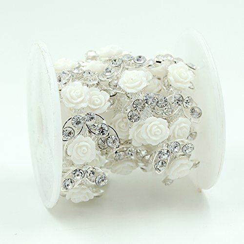 Seasofbeauty Craft Braided Beaded Fake Pearls Rhinestones Lace Ribbon Trim White flower 1 Yard
