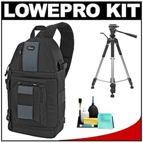 Lowepro Slingshot 202 AW Digital SLR Camera Backpack Case (Black) + Tripod + Accessory Kit Canon Rebel XSi, XS, T1i, T2i, EOS 50D, 5D, 7D, Nikon D3000, D5000, D40, D60, D90, D300, D300s, Olympus Evolt E-30, E-450, E-520, E-620, and Sony Alpha A230, A330, A380, A450, A500, A550, A850