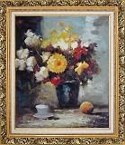 Afternoon Break with Flowers Oil Painting, with Ornate Antique Dark Gold Wood Frame 30 x 26 inches