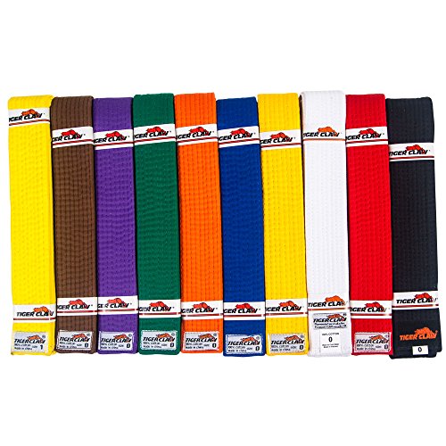 Tiger Claw 100% Cotton Martial Arts Uniform Ranking Belt - 10 Solid Colors ( Black, Yellow, Purple, Red, Blue, Green, Orange, Brown, White & Yellow) in All Sizes