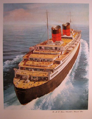 1940's QE Queen Elizabeth Cunard Ocean Liner Original Vintage Antique Advertising Travel Poster