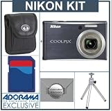 cheap Nikon Coolpix S610 Digital Camera kit, Midnight Black With 4GB SD Memory Card, Camera Case, 2 Year Extended Service Coverage, Table Top Tripod,