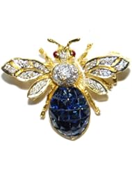 Natural Diamond 18K Yellow Gold Blue Sapphire Bee Brooch/Pin [I_019]