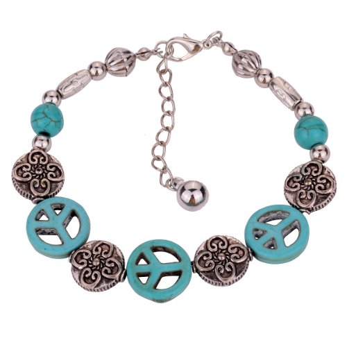 Yazilind Handmade Ethnic Flower Tibetan Silver Turquoise Peace Adjustable Bracelet Bangle
