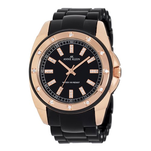 AK Anne Klein Women’s 109178RGBK Swarovski Crystal Accented Rosegold-Tone Black Bracelet Watch