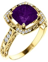 18K Yellow Gold 8.00x8.00mm Antique Cushion Cut Amethyst and Diamond Ring -- LIFETIME WARRANTY