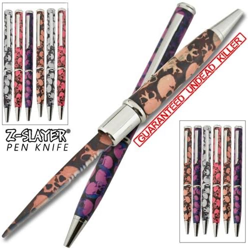 PK-1203-MU-CA 12 PC Hidden Knife 4tSripp482 Pens Assorted IpKOVEz3y Color Death Skulls folding knife edge sharp steel ytkbio tikos567 bgf Assorted color set or 12 - Colors YwLWrJ include: Orange, Pink, Purple and White/Black. Each pen has a 5.5 inch overall length. Pen have a 2 inch blade length. Half serrated blade. Black ink - SkdcM1i Colorful skull, undead walking dead illustration on entire pen and knife.