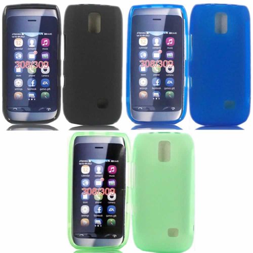 3 Pack Gel Case Cover Skin For Nokia Asha 308 309 / Black And Blue And Green