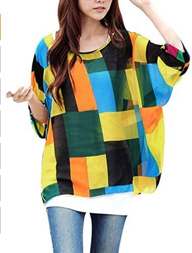 Kabbeen Lady Batwing Sleeve Floral Prints Semi Sheer Chiffon Oversize Shirt (Label size L (US: M/L), Multicolor)