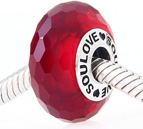Hoobeads Faceted Sterling Silver Murano Glass Charm Bead with Solid Sterling Silver Threaded Core Stamped 925 Fits Pandora Chamilia Biagi Troll Beads Europen Style Bracelets (Rose-Red)