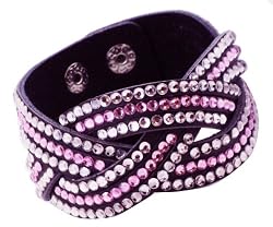 Bling Ice & Light Pink Crystal Braided Twist Leather Bracelet - Adjustable Double Snap Closing