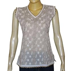 White Cotton Dress Chikan Embroidered Kurti Size M
