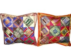 Sari Cushion Covers-2 Hot Red Pink Blue Zari Borders Toss Pillow 16"